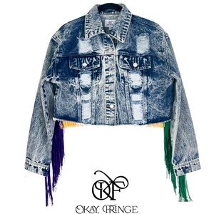 Distressed Denim Jacket with Fringe